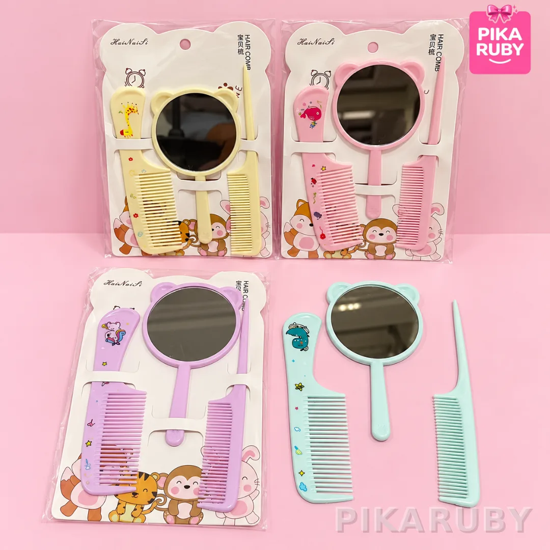 ( ISI 12 PACK ) SET SISIR KACA ANAK / SISIR KACA ANAK 3IN1 / KACA DAN SISIR ANAK DALAM SATU PACK